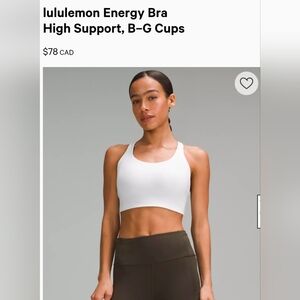 lululemon White Energy Bra — High Support Sports Bra D38